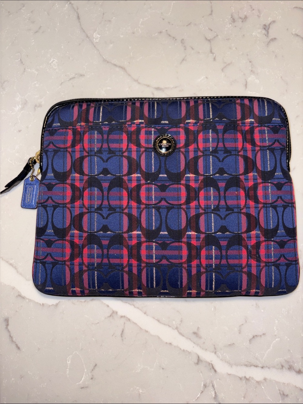 Coach Navy and Pink Plaid Signature Tech Sleeve